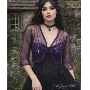 Vintage Beaded Sheer Jacket Floral Pattern Sequins Dark Purple Fairy Whimsygoth